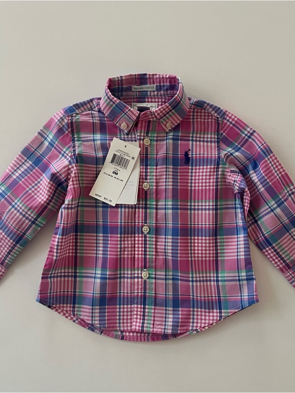 Ralph Lauren 9 Months Baby Boy Pink Blue Plaid Button-Down Shirt NWT Preppy